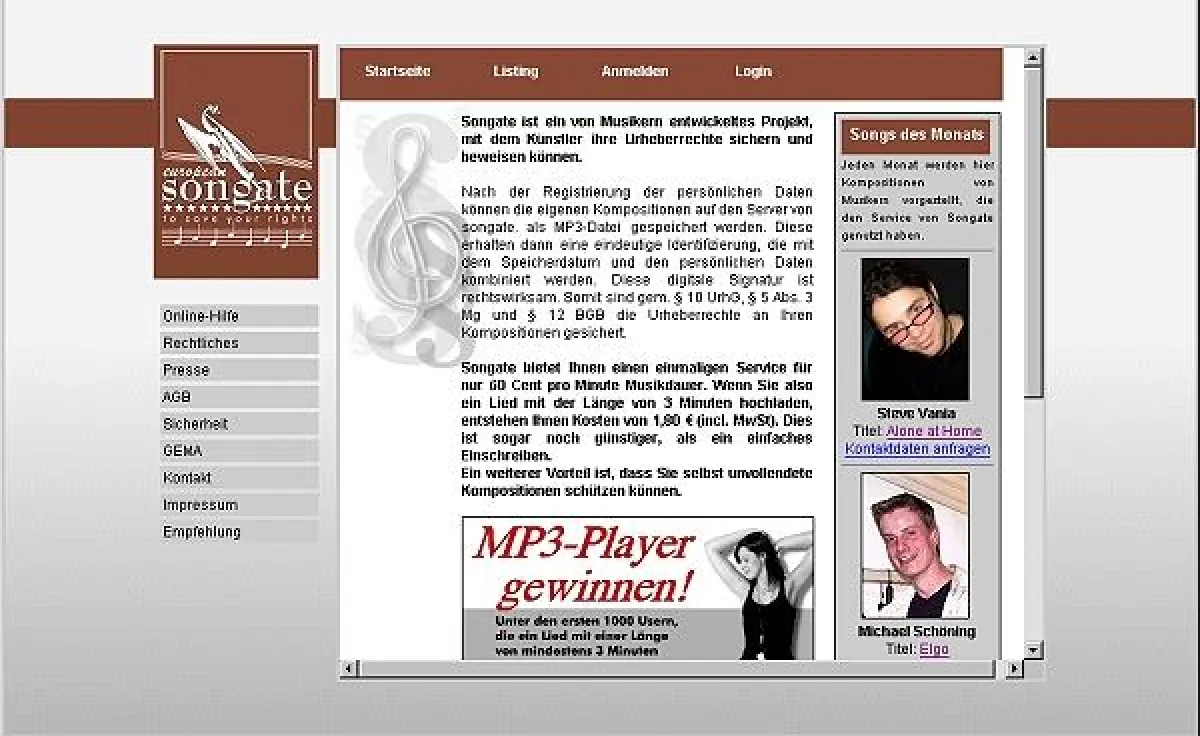 Die Startseite von songate