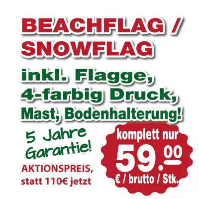 Bild: Beachflag, Werbefahnen -46% günstiger, inkl. Flaggen Druck, Mast (gestänge) und Bodenhalterung!