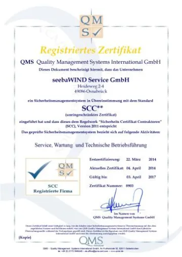 Bild: seebaWIND Service erhält SCC-Zertifikat