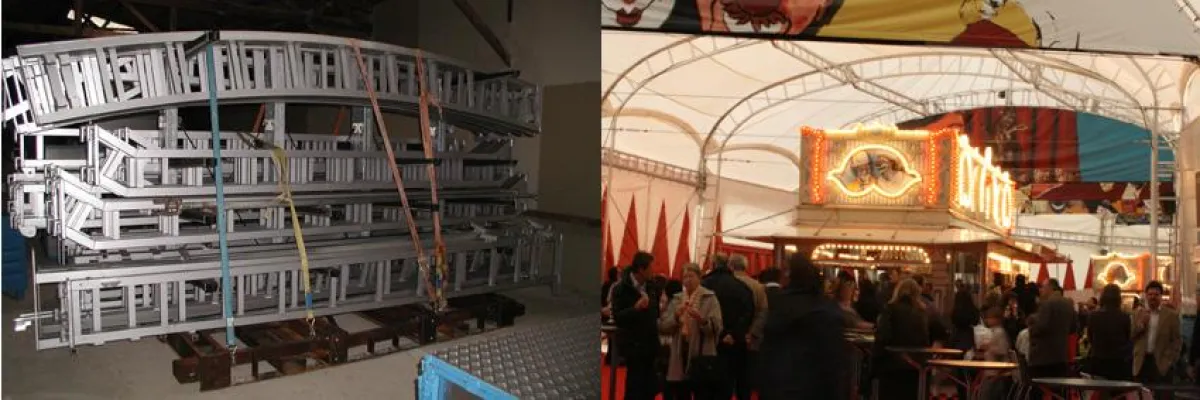 Zwei ELVEDI-Regale wurden so modifiziert, dass das Buffetzelt des Zirkus Knie während der Tournee sicher und materialschonend transportiert und gelagert werden kann.