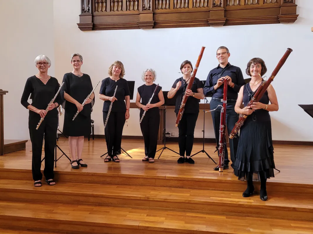 Das Ensemble der beiden Quartette bei einem Konzert, bei dem ein Fagott-Spieler fehlte. (© Fagott Idee, Mönchengladbach 2023)