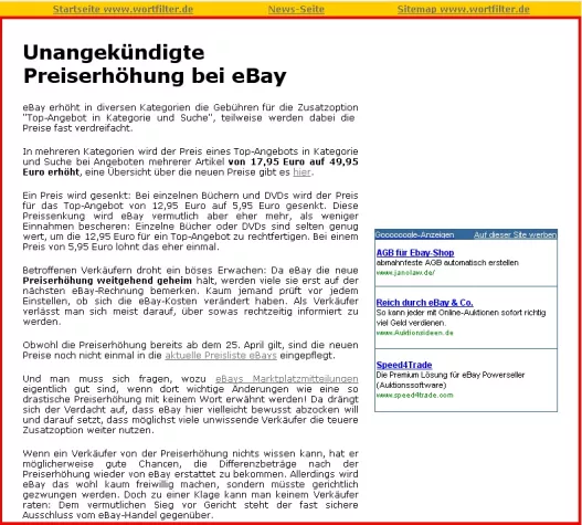 Bild: Wortfilter.de deckt auf: Unangekündigte Preiserhöhung bei eBay