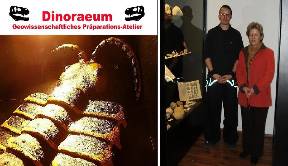 L: Arthropleura-Lebendmodell, ein Riese von über zwei Meter Länge / R: Beeindruckt, Frau Elisabeth Eckert (SPD) besuchte unter anderem die neue Sonderausstellung / Foto's: Dinoraeum