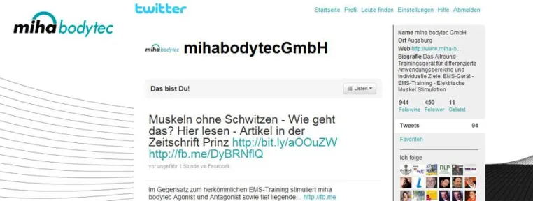 miha bodytec GmbH nutzt Mikroblogging-Dienst Twitter Bild: miha bodytec GmbH nutzt Mikroblogging-Dienst Twitter