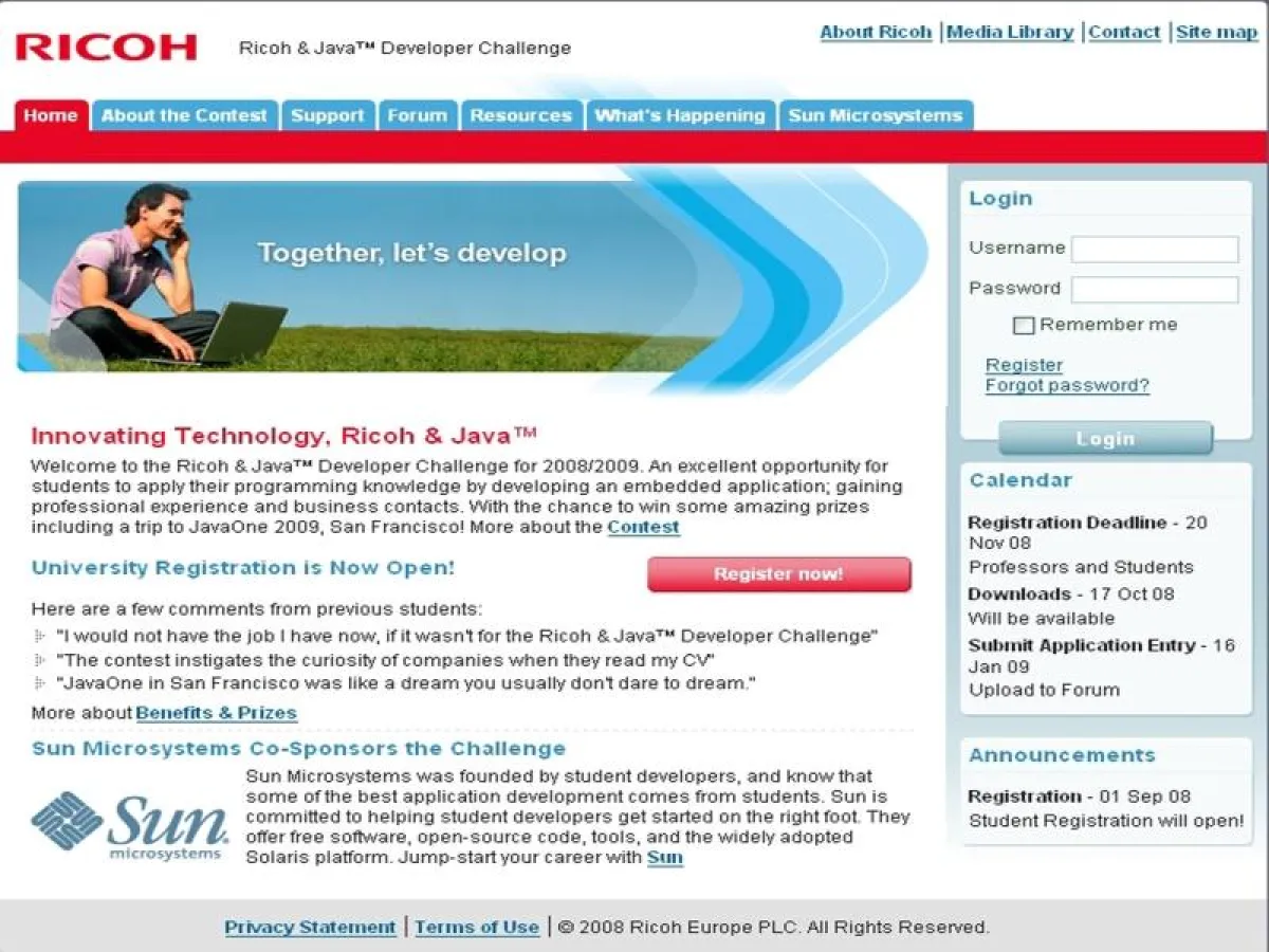 Auf der Homepage http://edu.ricoh-developer.com finden Interessierte alle Informationen zum diesjährigen europaweiten Programmierwettbewerb Ricoh & Java Developer Challenge 2008/2009 Innovating Techno