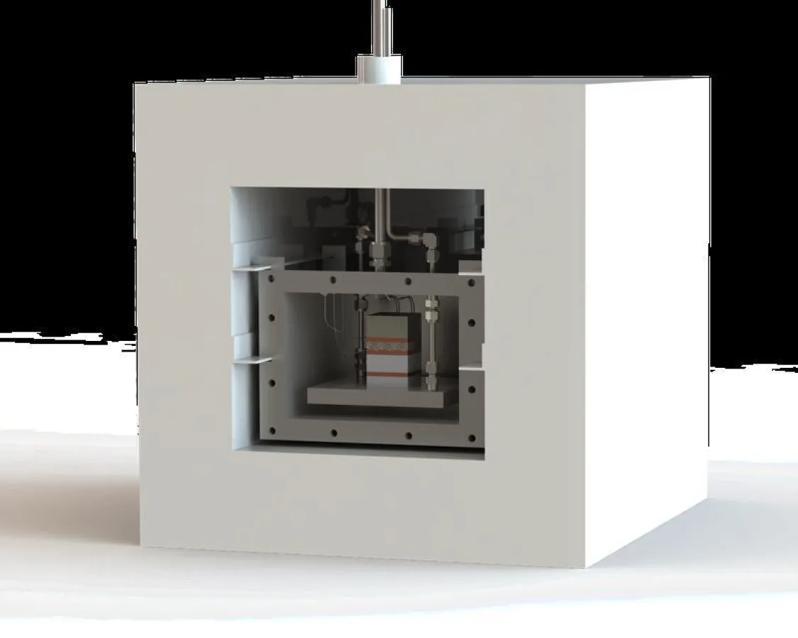 Anordnung des Messaufbaus mit Vakuumbehälter im Ofen. (Fraunhofer IFAM Dresden)