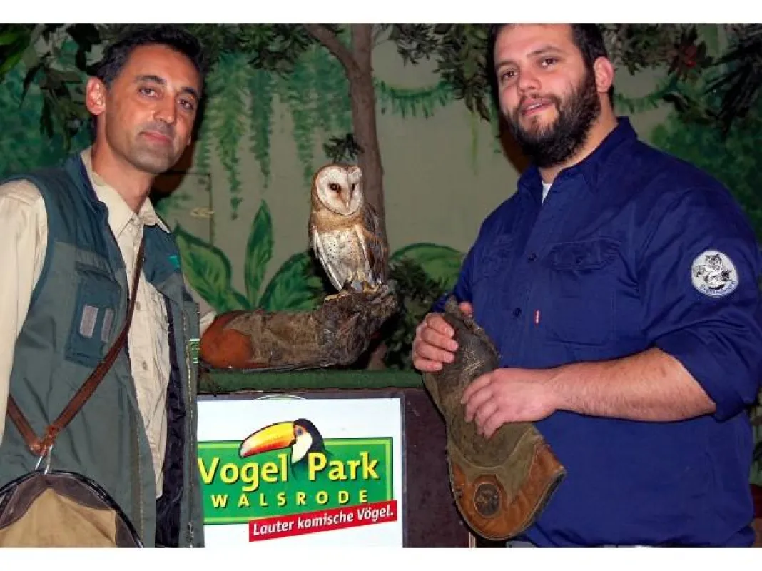 German Alonso (Vogelpark Walsrode, links) und Thomas Wamser (Eventfalknerei) mit 
