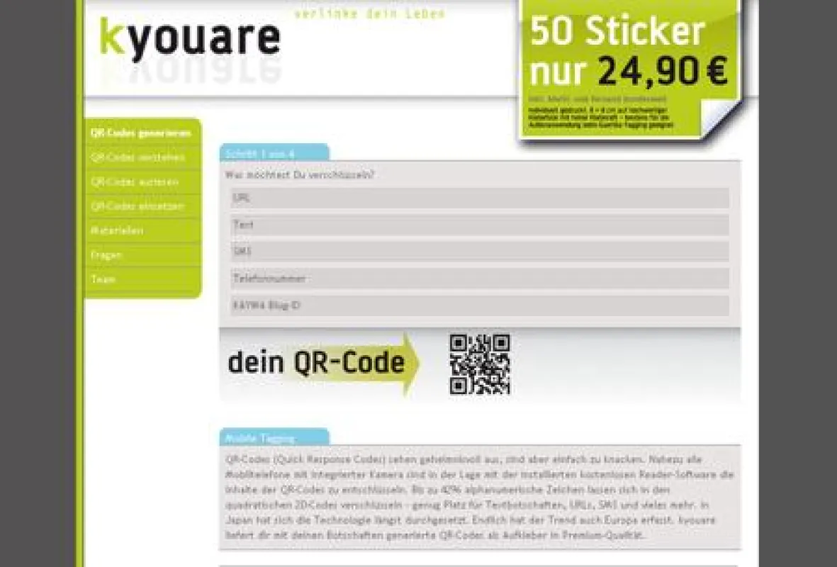 Bei kyouare.com werden online selbst generierte QR-Codes zu Aufklebern
