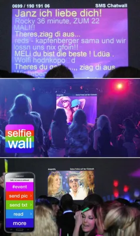 Interaktive Eventsysteme SMS Chatwall, Voting und Selfiewall ergänzen die Veranstaltungstechnik auf Partys Bild: Interaktive Eventsysteme SMS Chatwall, Voting und Selfiewall ergänzen die Veranstaltungstechnik auf Partys