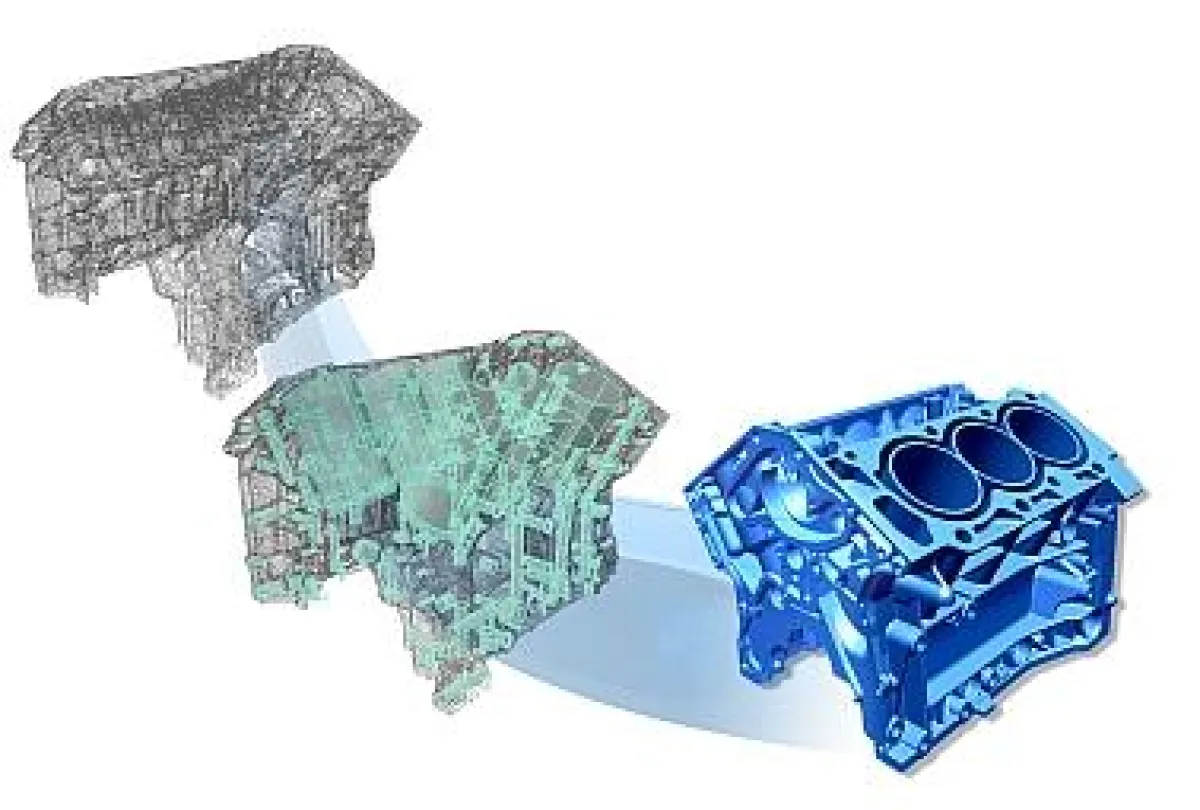 Vom Scan (Punktewolke links) über die ersten CAD-Elemente (Mitte) bis zur Visualisierung reicht die Leistungsfähigkeit von Rapidform XORedesign, einem Software-Werkzeug zur Erzeugung parametrischer Ko