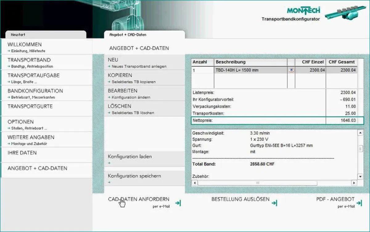 Transportband-Konfigurator von Montech mit erweiterter Funktionalität zum Herunterladen der CAD-Date