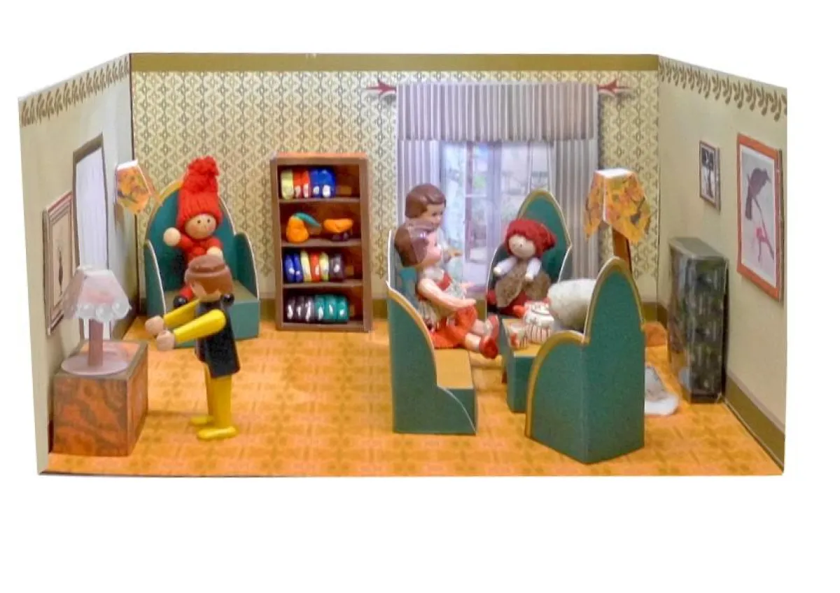 Eine Puppenstube mit Einrichtung ganz aus Papier.