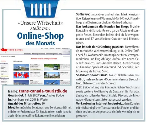 Bild: Trans Canada Touristik TCT - Internet-Auftritt von IHK als „Online-Shop des Monats“ ausgezeichnet