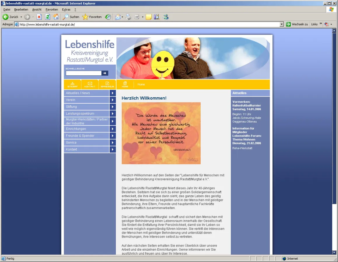 Die von Zeitwerk erstellte Homepage des Lebenshilfe für Menschen mit geistiger Behinderung Kreisvereinigung Rastatt/Murgtal e.V.