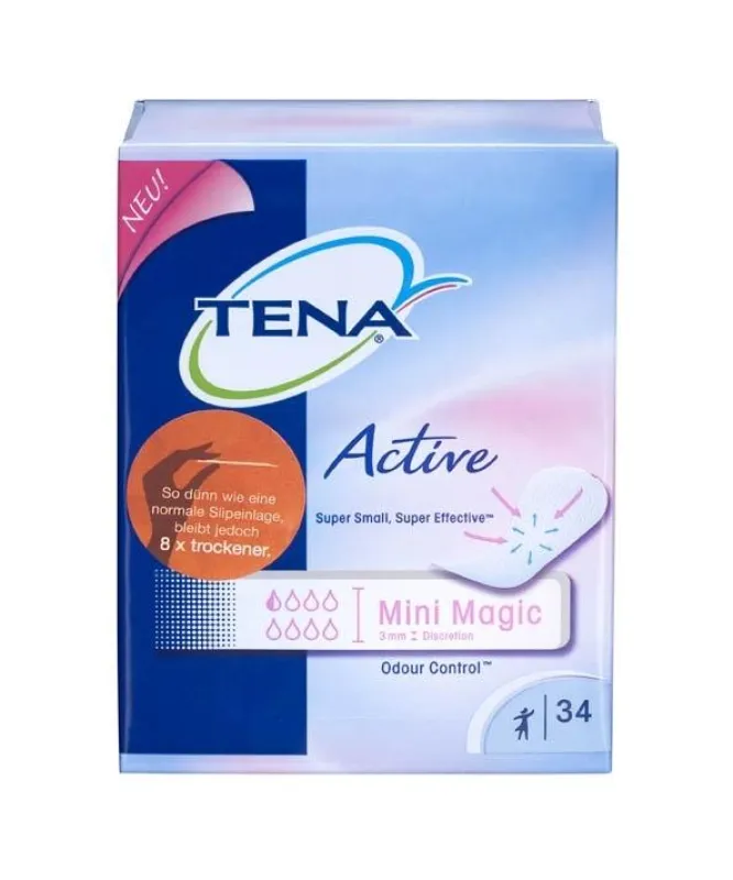 TENA Active Mini Magic. Diese Einlage ist nur 3 mm dünn, so dünn also wie eine herkömmliche Slipeinlage, bleibt jedoch achtmal trockener.
