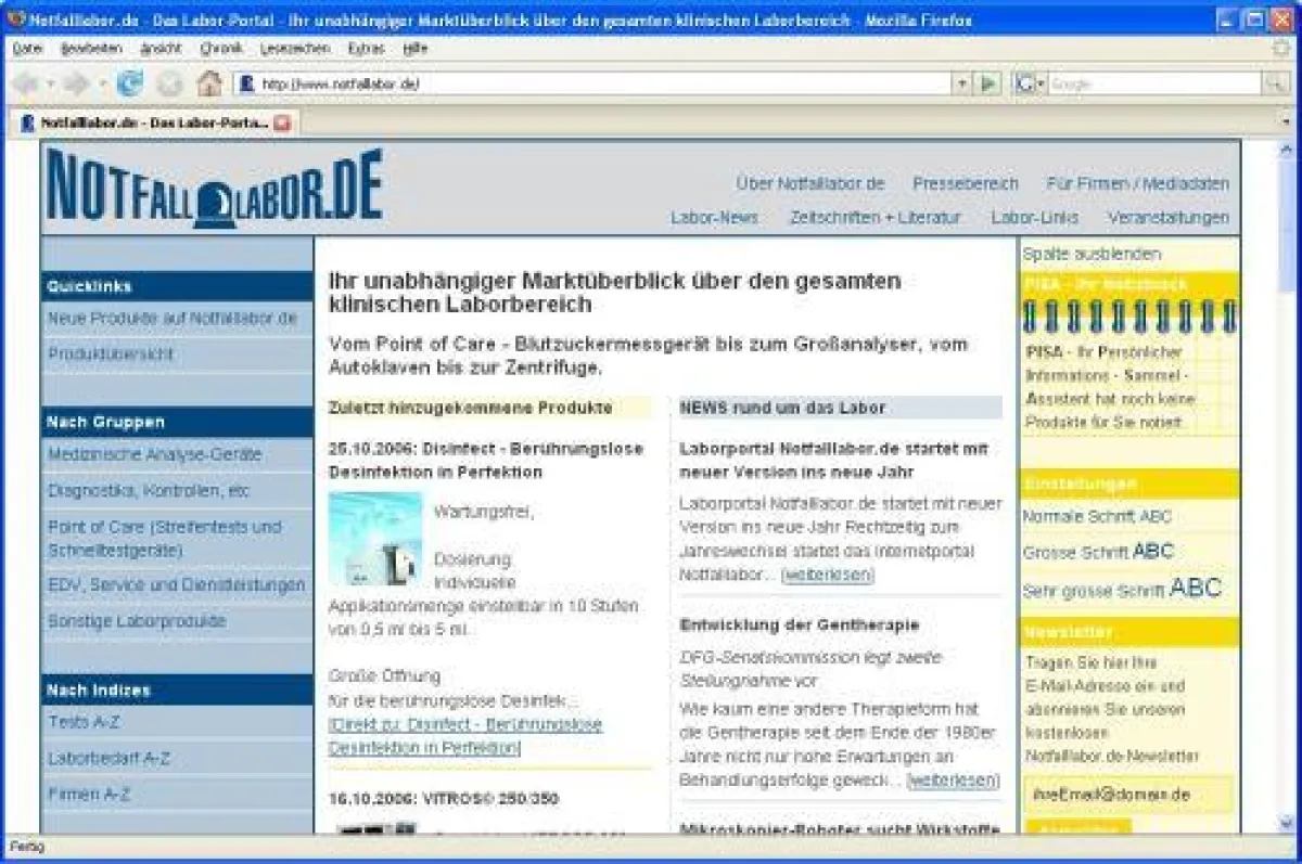 Screenshot: Notfalllabor.de - Startseite