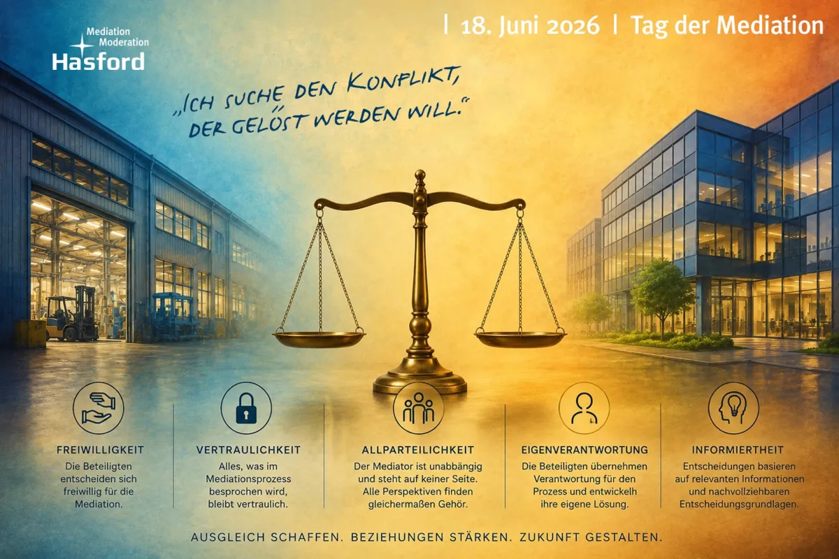 Tag der Mediation am 18. Juni – Wirtschaftsmediation frühzeitig einsetzen? (© © 2026 Hasford)