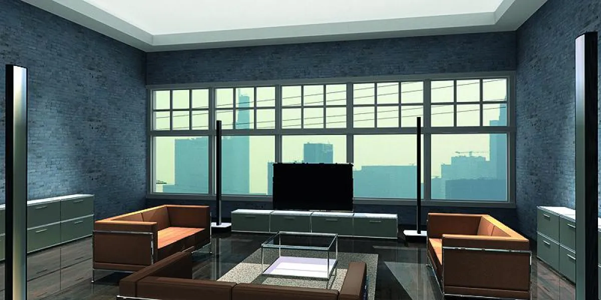 Vier der schlanken Lounge Speaker diskret und elegant ins Raum-Ambiente integriert