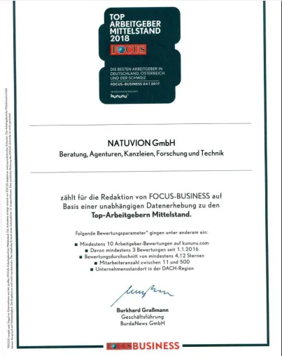 Bild: FOCUS-Business: Die Natuvion GmbH gehört zu den Top-Arbeitgebern 2018