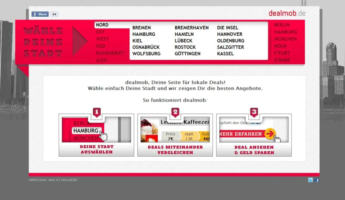 Die dealmob Webseite - Einfach eine Stadt auswählen und alle Rabatt Angebote vergleichen und Geld sparen