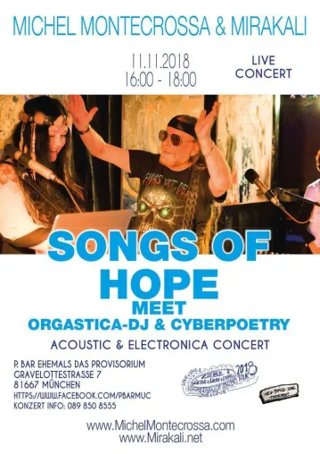 Michel Montecrossa und Mirakali mit Akustik & Orgastic-DJ Electronica Konzert in Münchner P. Bar am 11.11. Bild: Michel Montecrossa und Mirakali mit Akustik & Orgastic-DJ Electronica Konzert in Münchner P. Bar am 11.11.