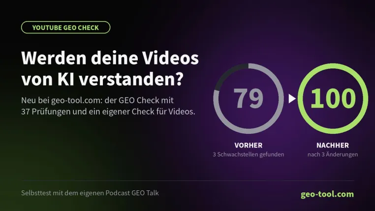 Bild: geo-tool.com erweitert den kostenlosen GEO Check auf 37 Prüfungen und startet einen eigenen YouTube GEO Check