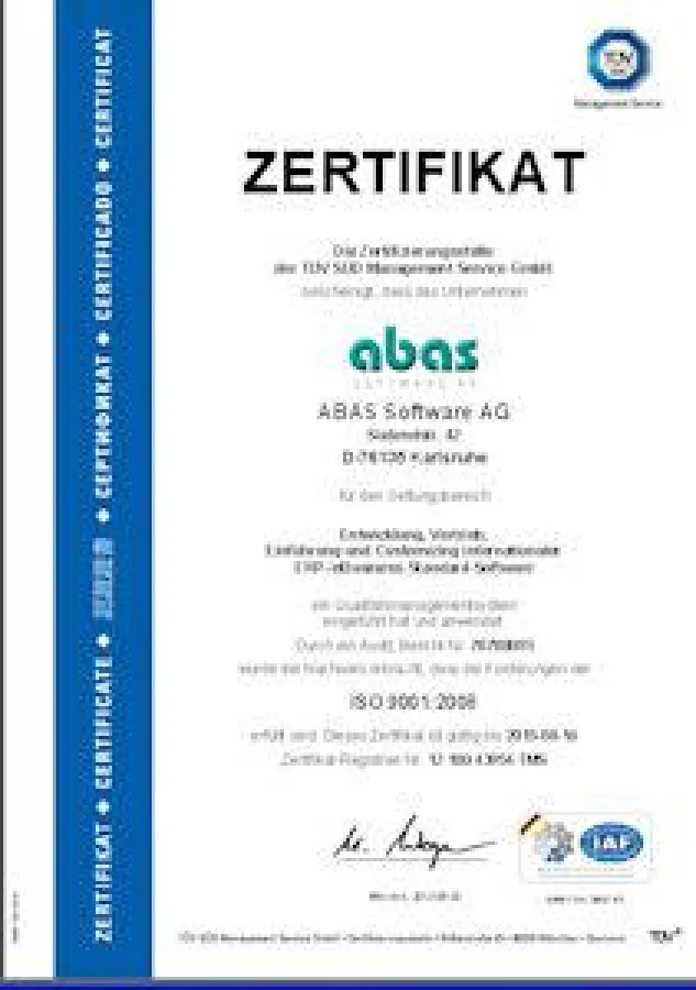 ABAS Software AG nach ISO-9001:2008 zertifiziert
