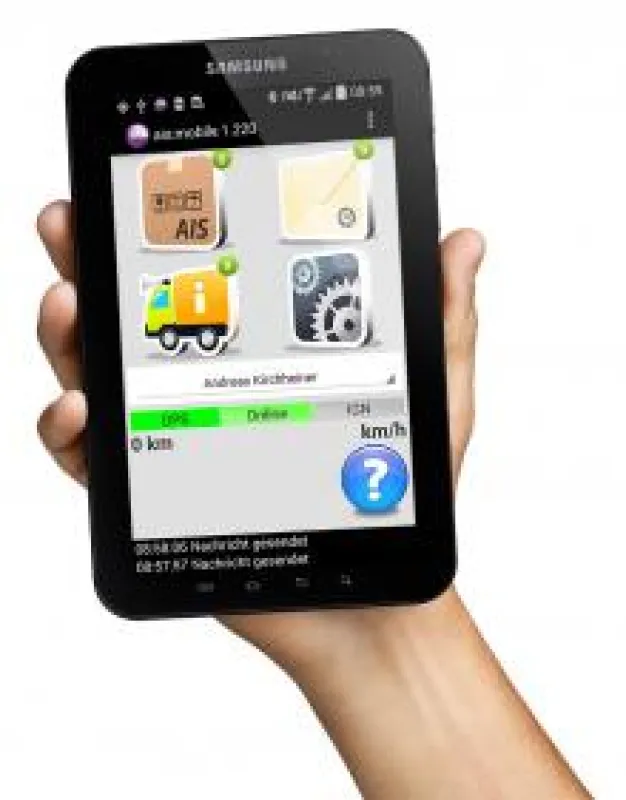 Die Telematik-App „ais:mobile“ auf einem Samsung-Tablet. Bild: AIS GmbH