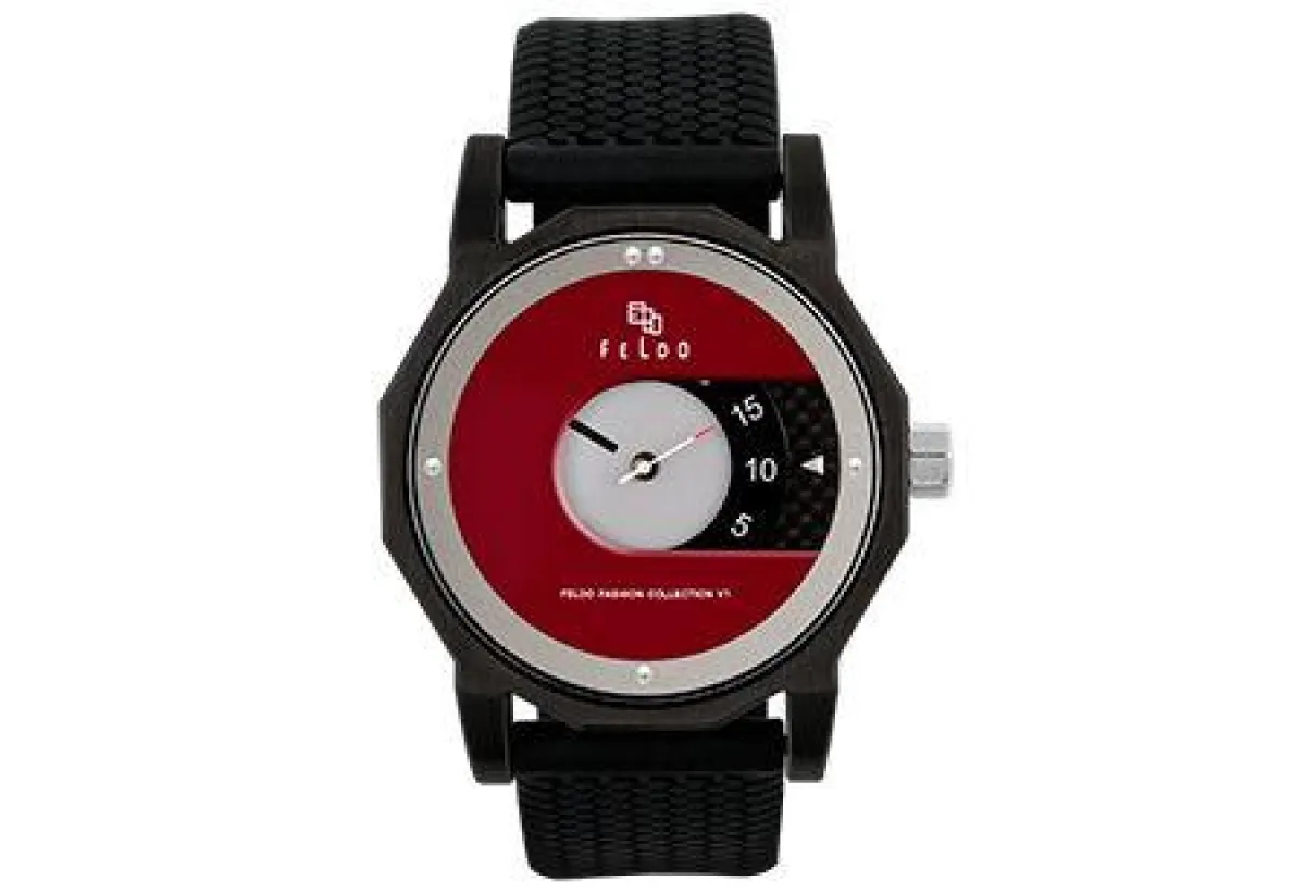 Die rote Deckplatte der V1 von Feldo Luxury S.L. macht diese Armbanduhr zu einem auffälligen Accessorie.