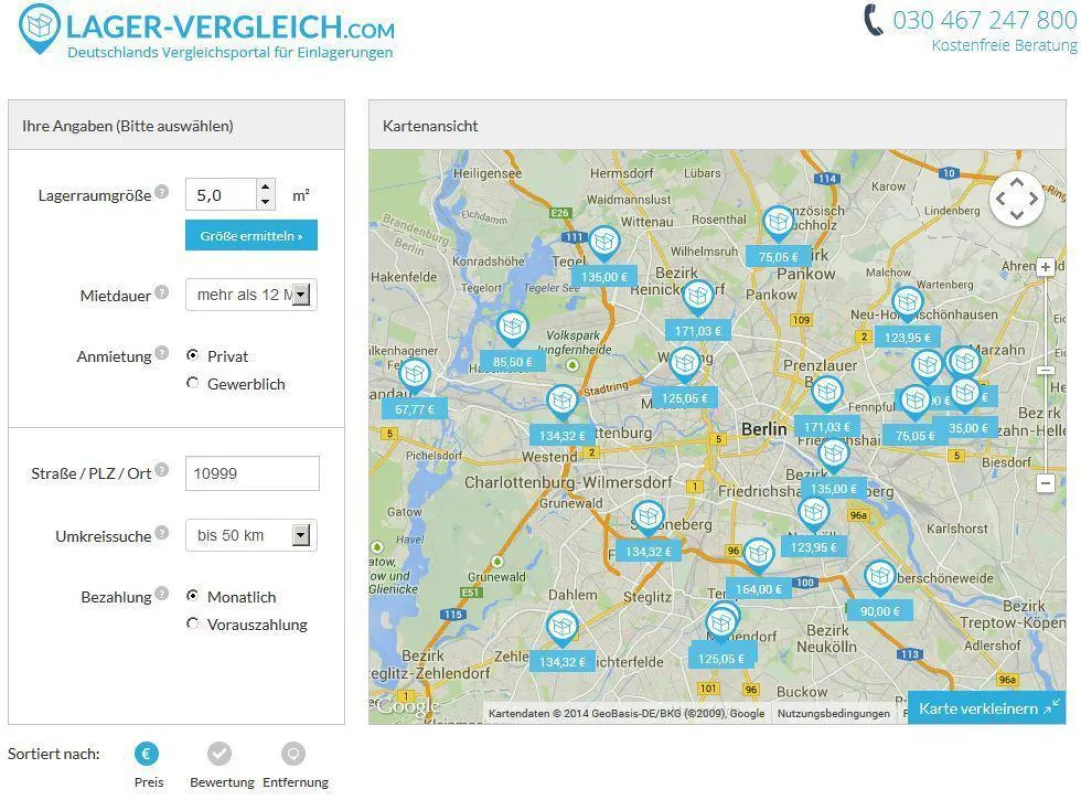 Interaktive Karte zum Preis- und Leistungsvergleich