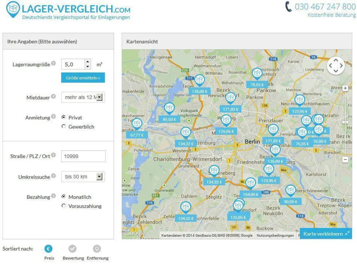 Interaktive Karte zum  Preis- und Leistungsvergleich
