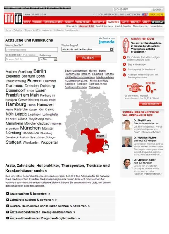 Die Mediziner-Recherche und -Bewertung von jameda.de ist ab sofort auf BILD.de eingebunden.