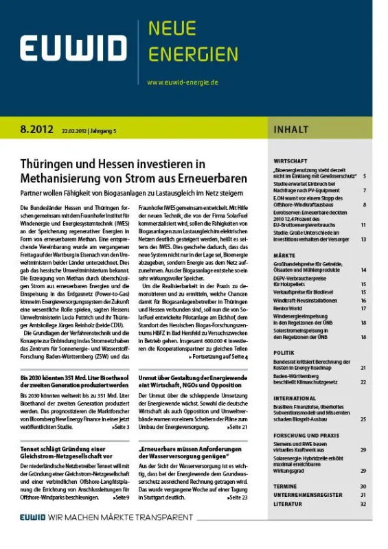 EUWID Neue Energien 8/2012 ist am 22. Februar erschienen