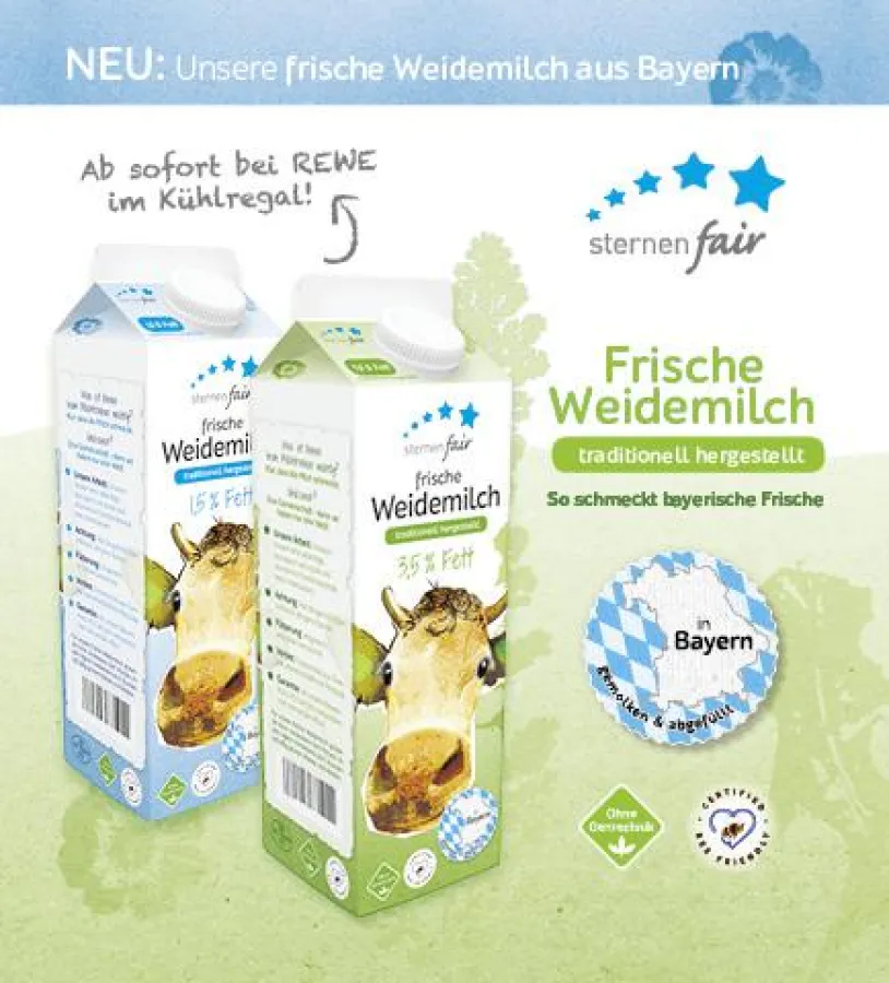 Neu von sternenfair: frische Weidemilch, in Bayern gemolken und abgefüllt