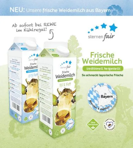 Neue Frische im Kampf um gute Milchpreise - Frische Weidemilch von 'sternenfair' Bild: Neue Frische im Kampf um gute Milchpreise - Frische Weidemilch von 'sternenfair'