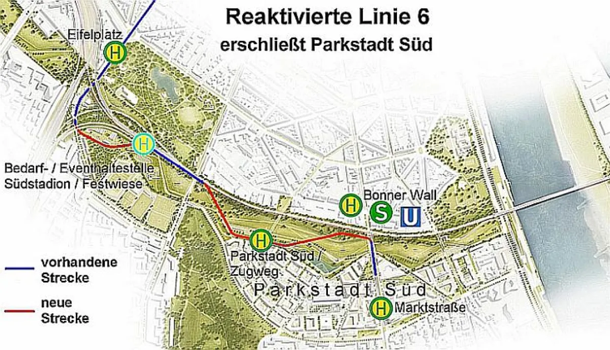 Niederflurbahn verschwenkt von den Ringen über vorhandene Gleise und Trassen zur Bonner Straße.