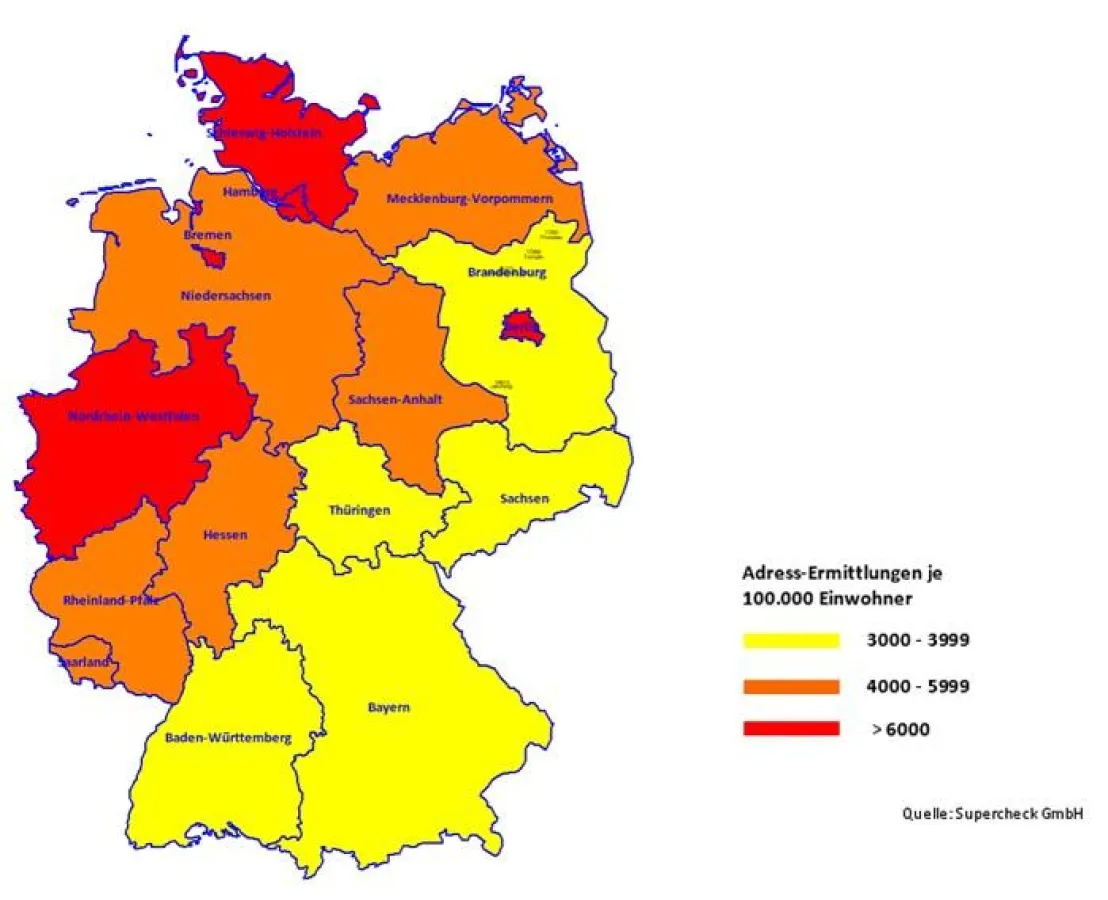 Grafik - Adress-Ermittlungen pro Bundesland (je 100.000 Einwohner), 2010