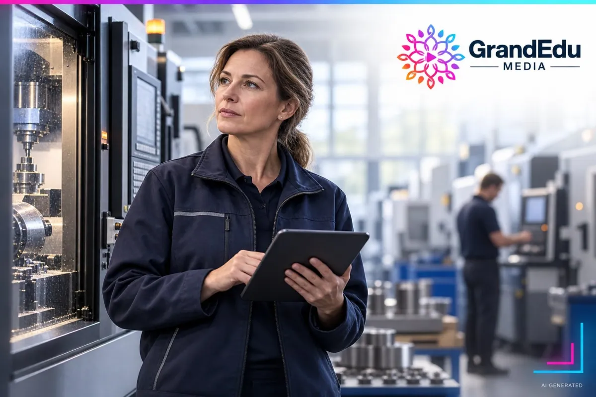 Technische Führungskraft prüft Optionen an einer Produktionsanlage · AI GENERATED (© GrandEdu Media · KI-generiert)