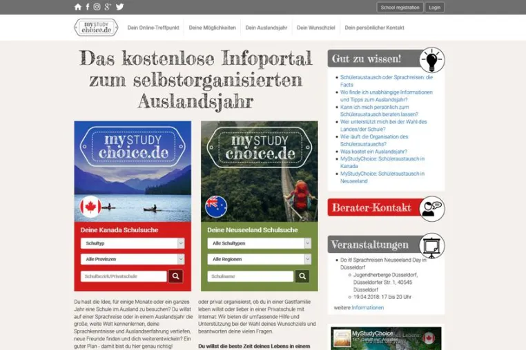 Infoportal MyStudyChoice für das selbstorganisierte Auslandsjahr in Kanada und Neuseeland Bild: Infoportal MyStudyChoice für das selbstorganisierte Auslandsjahr in Kanada und Neuseeland