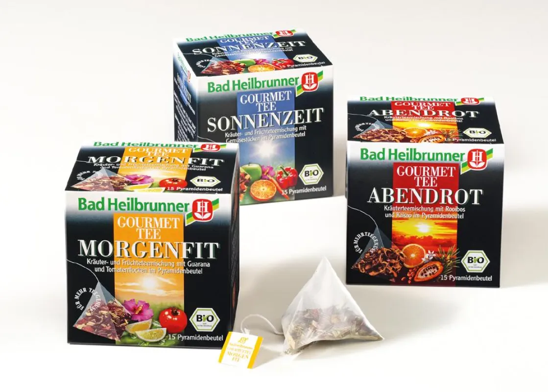 3 neue Gourmet Tees aus feinsten Biozutaten im neuartigen Pyramidenbeutel (Foto: Bad Heilbrunner/Wirths PR)