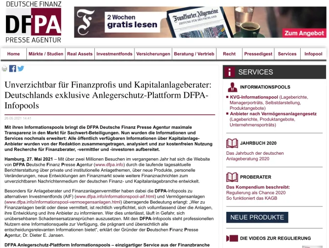 Unverzichtbar für Finanzprofis und Kapitalanlageberater: Deutschlands Anlegerschutz-Plattform DFPA-Infopools Bild: Unverzichtbar für Finanzprofis und Kapitalanlageberater: Deutschlands Anlegerschutz-Plattform DFPA-Infopools
