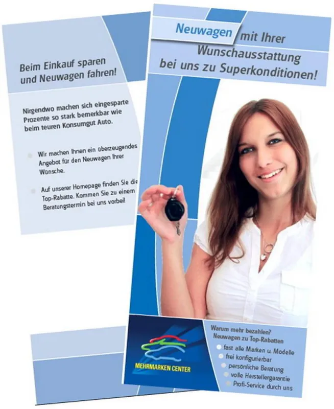 Hohe Werbewirkung in verschiedenen Farbstellungen: Der Neuwagen-Falzflyer für ELN-Teilnehmer