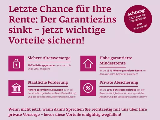 Bild: Jetzt handeln! Garantiezins fällt um 72% auf 0,25%. BU & private Rentenversicherungen werden teurer.