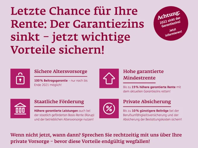 Bild: Jetzt handeln! Garantiezins fällt um 72% auf 0,25%. BU & private Rentenversicherungen werden teurer.
