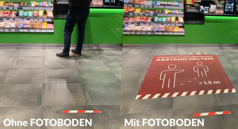 Covid-19 Social Distancing Bodenmatten für Entspannung am POS Bild: Covid-19 Social Distancing Bodenmatten für Entspannung am POS