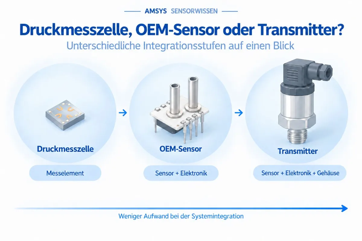 Drei Bauformen der Drucksensorik – vom einfachen Messelement bis zur anschlussfertigen Lösung. (© AMSYS GmbH & Co. KG)