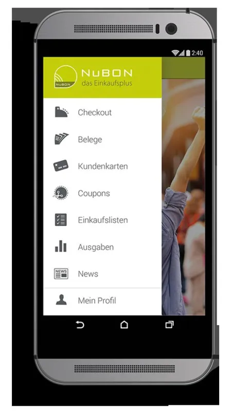 Startmenü der NuBON App für Android. Copyright: NuBON.