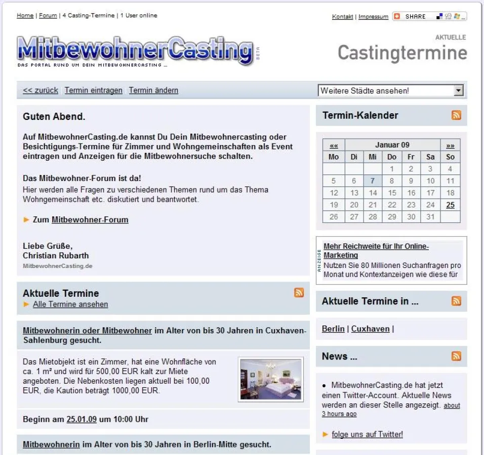 Die Hauptseite von MitbewohnerCasting.de