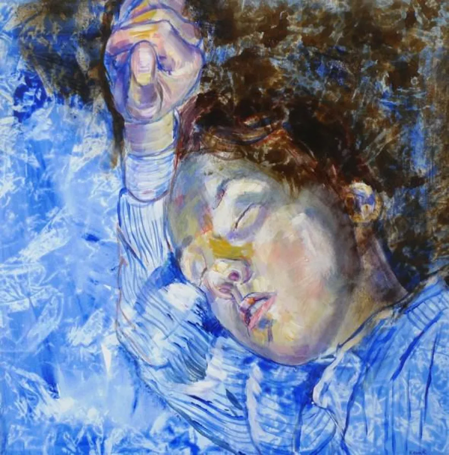 In sich gekehrter Junge, 80 x 80 cm, Mischtechnik auf Leinwand