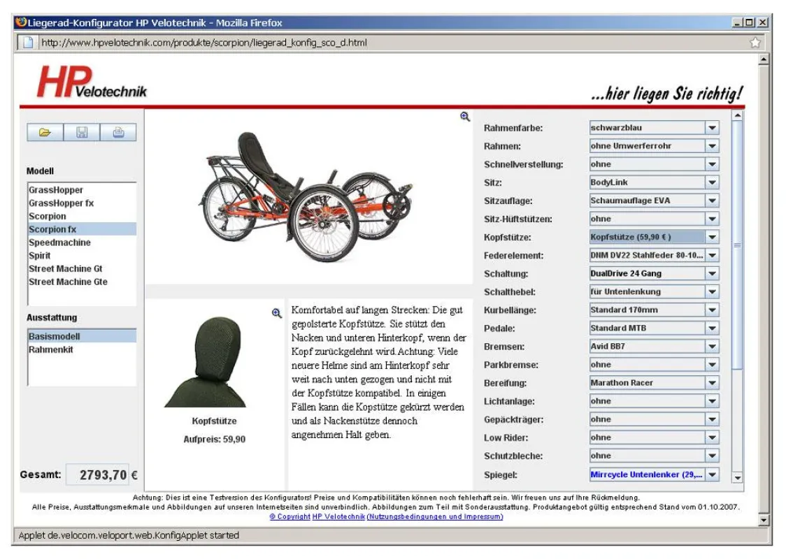 Die Ausstattung eines Liegerades kann im Internet mit dem neuen Liegerad-Konfiguratorvon HP Velotechnik aus über 32.000 Varianten gewählt werden.